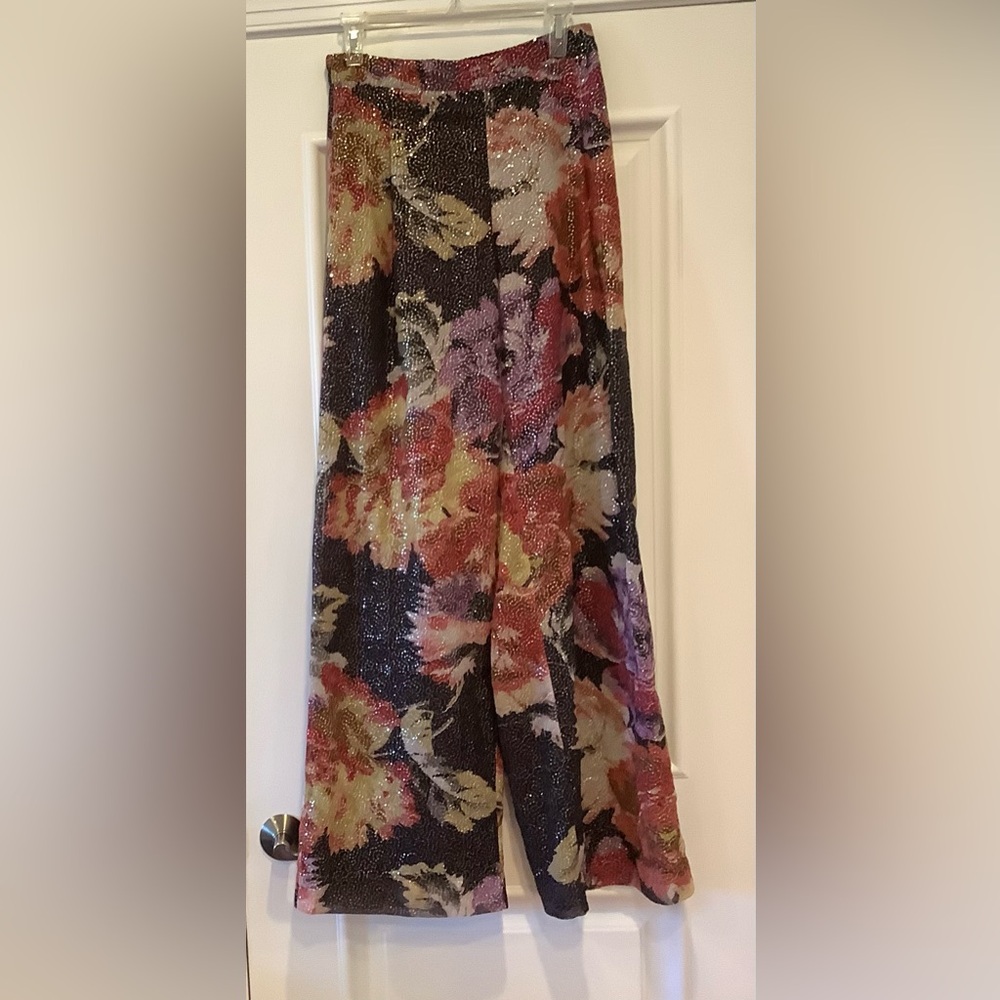Ranna Gill Wide Leg Palazzo Pants Black with Colorful Florals Clear Beads Small